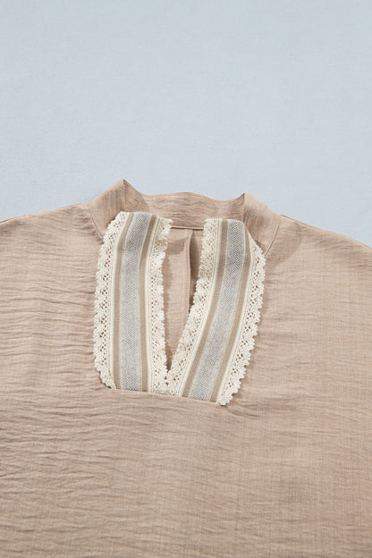 Parchment Crochet Lace Accent Pullover Rolled Short Sleeve Blouse