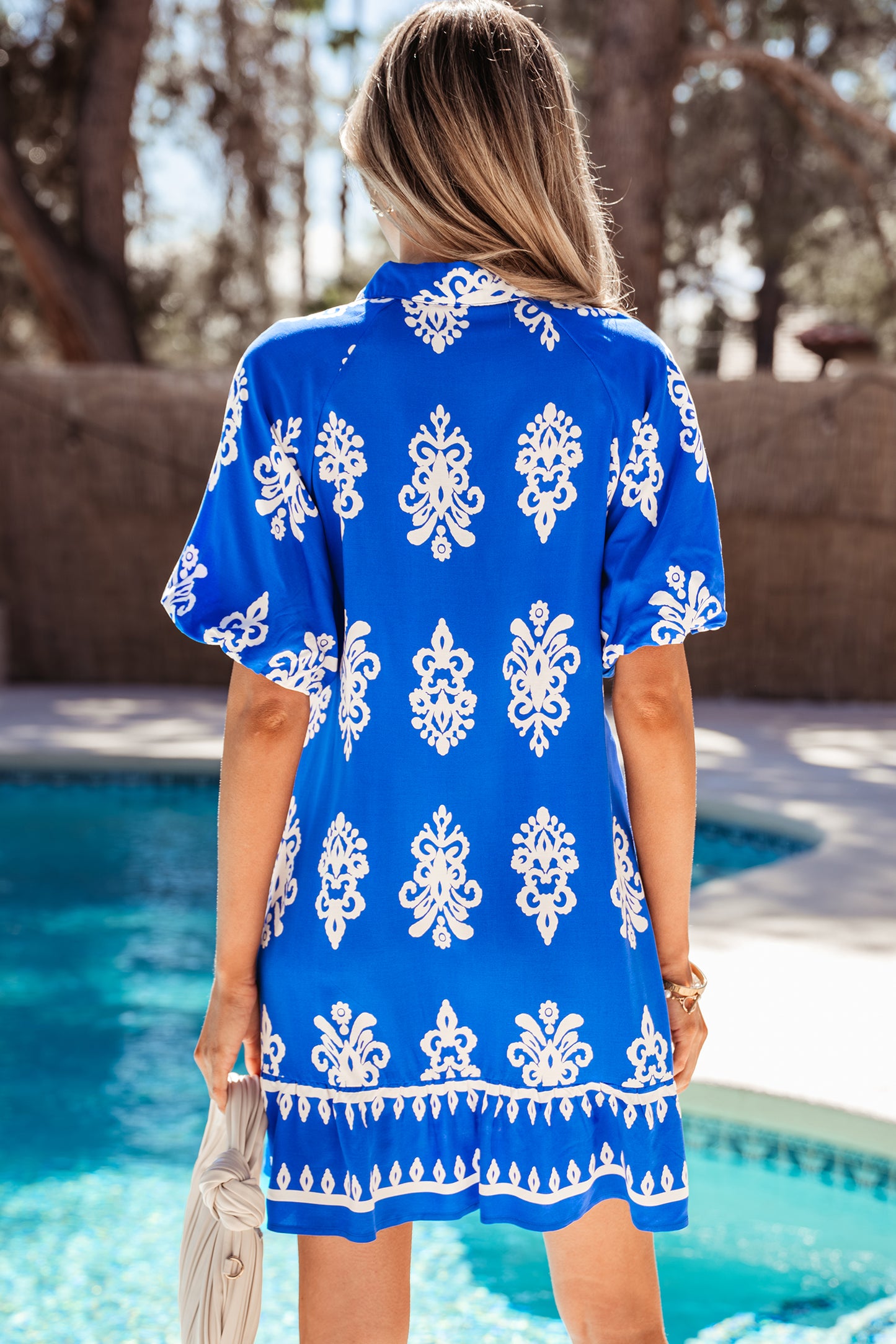 Blue Ethnic Geometric Print Collared Button Front Short Puff Sleeve Mini Dress