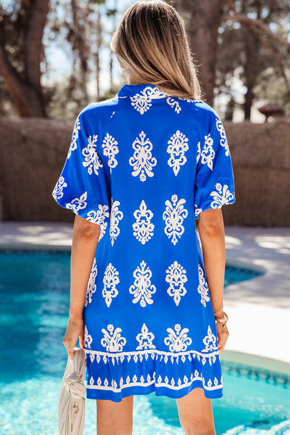 Blue Ethnic Geometric Print Collared Button Front Short Puff Sleeve Mini Dress