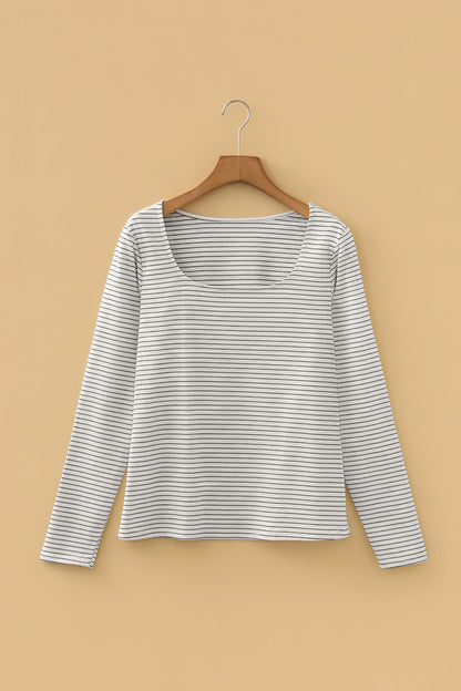 White Stripe Square Neck Long Sleeve Top