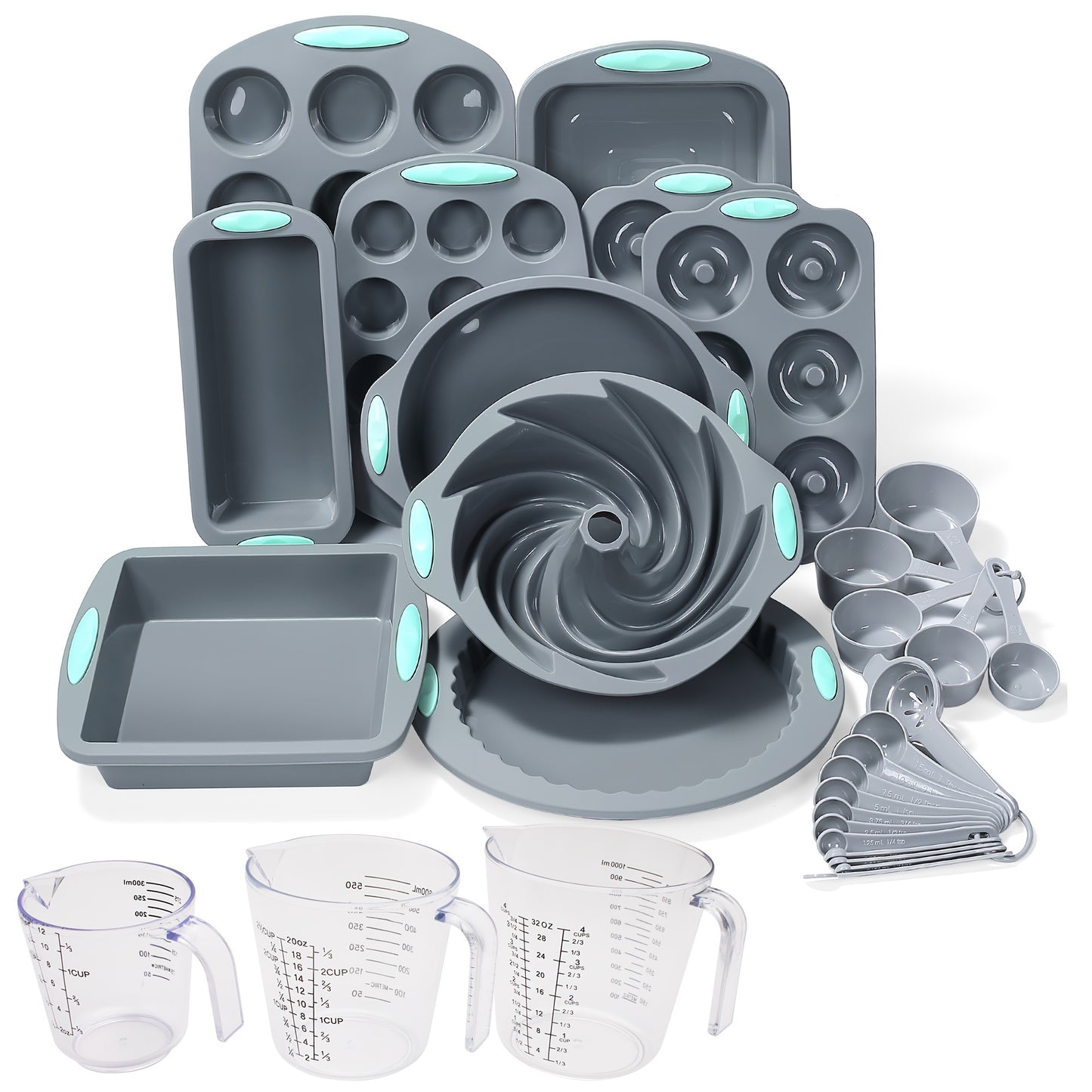 45pcs Silicone Baking Set, Nonstick Bakeware Set Baking Cookie Sheets Cake Muffin Bread Pan, Loaf Pan, Cake Pan, Pizza Pan, Mini Cupcake mold, Bundt pan, Charlotte Cake Pan, Measuring Cup and Spoon