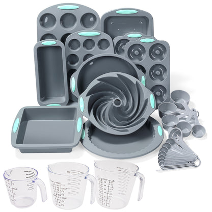 45pcs Silicone Baking Set, Nonstick Bakeware Set Baking Cookie Sheets Cake Muffin Bread Pan, Loaf Pan, Cake Pan, Pizza Pan, Mini Cupcake mold, Bundt pan, Charlotte Cake Pan, Measuring Cup and Spoon