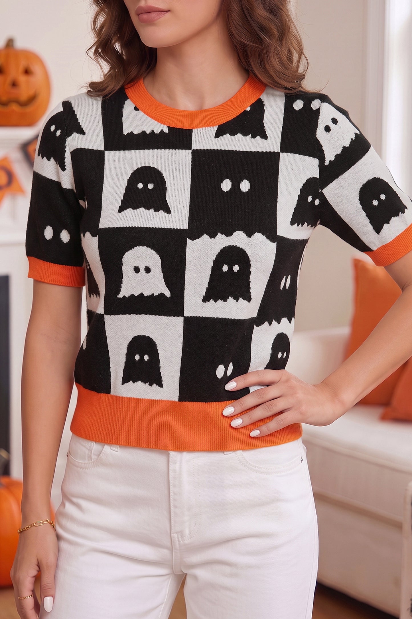 White Geometric Ghost Color Block Trim Short Sleeve Knit Sweater