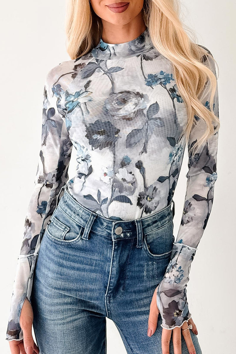Sky Blue Floral Mesh High Neck Long Sleeve Sheath Top