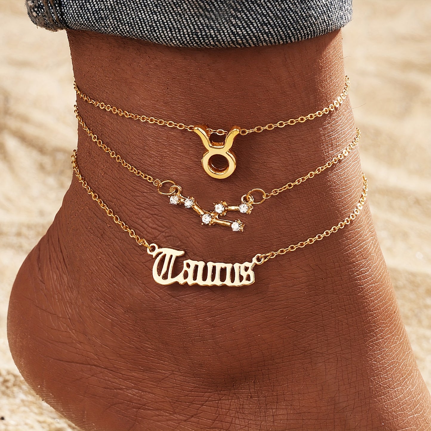3 Pieces/ Set Golden Zodiac Anklets Set, Bohemian Elegant Ladies Multi-Piece Chain, Fashion Astrological Sign Charms For Women