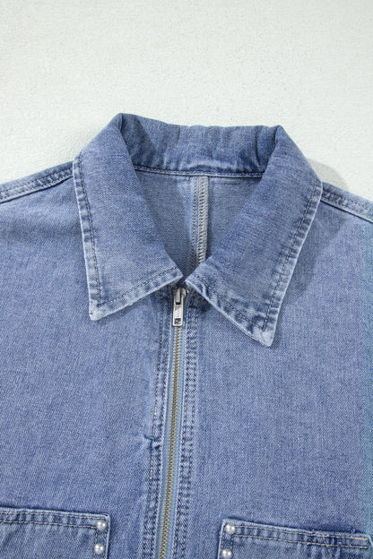 Beau Blue Studded Metal Zipper Rivet Pockets Long Sleeve Denim Jacket