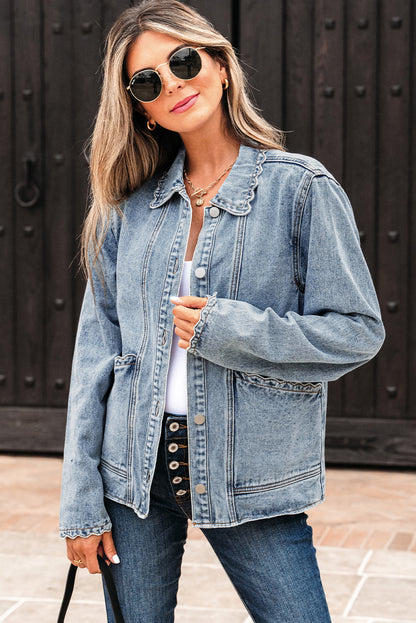 Myosotis Scallop Trim Collar Patched Pocket Button Up Mineral Washed Denim Jacket
