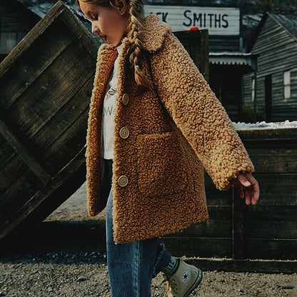 Girls' Lamb Fur Jacket | JOMAKE Korean-Style Lapel Collar, Two-Tone, Warm Windbreaker with Pockets, Lining, Button Closure, Long Sleeves for Winter