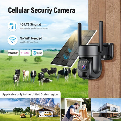 4G LTE Solar-Powered Outdoor Security Camera with 1080P HD Night Vision, 360° Pan-Tilt Spotlight, 2-Way Talk, PIR Motion Sensor, Wireless Cellular Drone-Like Tracking (No WiFi//) - US Version, SIM Card Required (Bring Your