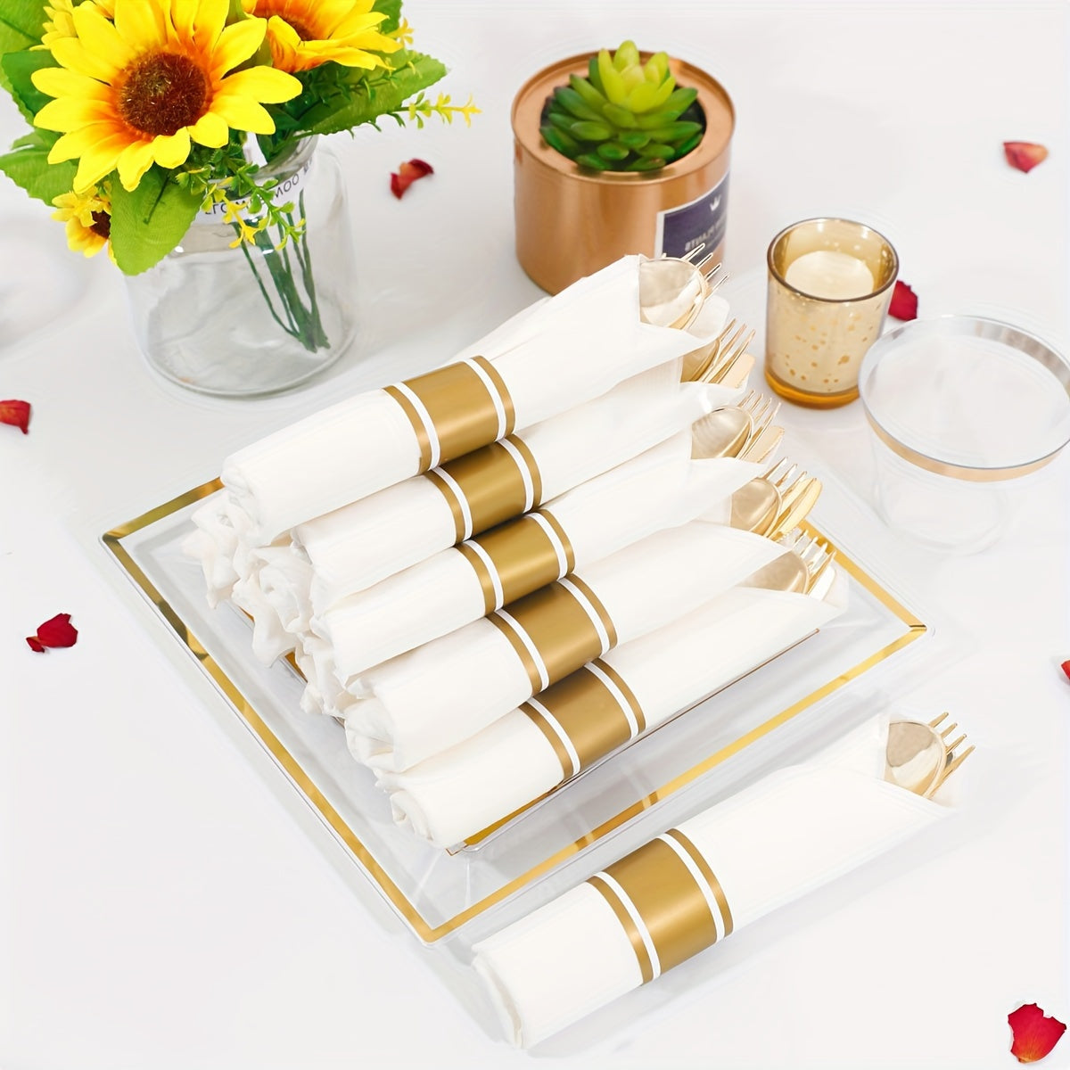 350pcs, Tableware Set, Golden Party Supplies, Plastic Dinnerware Set, Including Napkins, Cups. Plates, Spoon, Forks, Knives, Serve 50 Guests For Birthday And Party