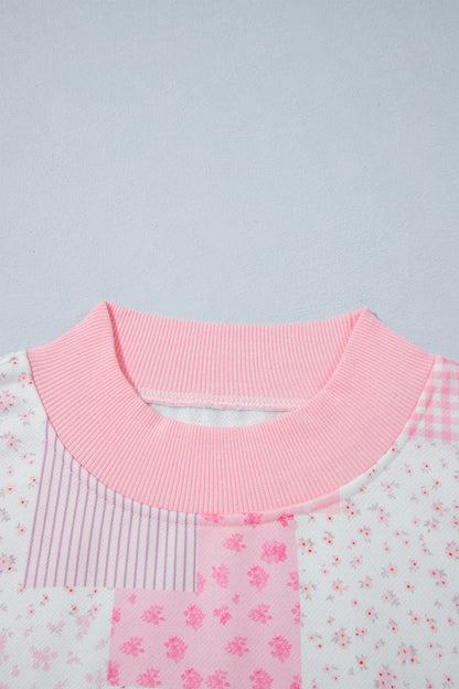 Light Pink Patchwork Floral Print Drop Shoulder Baggy Pullover Drawstring Shorts Set