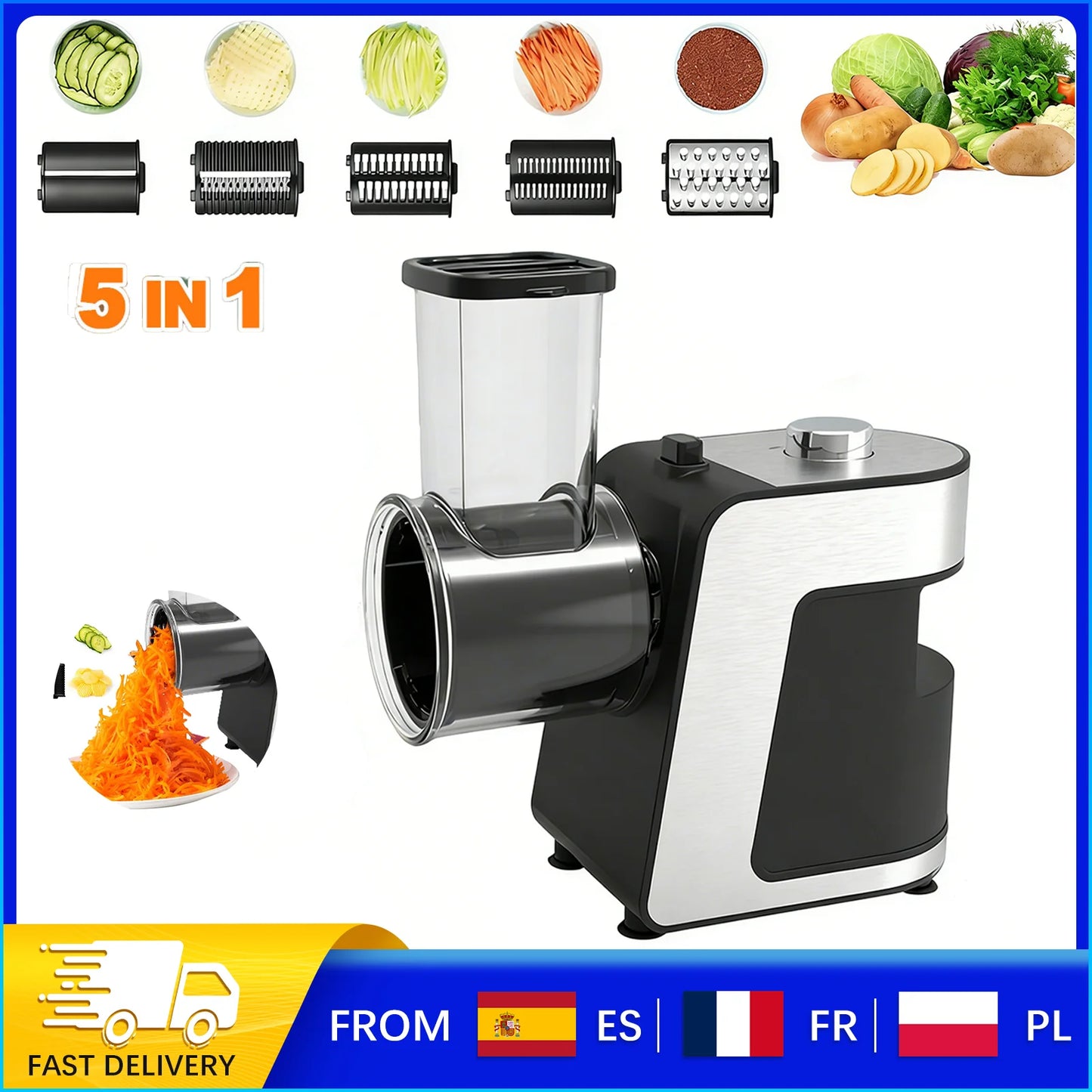 500W 5-in-1 Kitchen Electric Vegetable Chopper – Stainless Steel Slicer, Shredder/Grater for Cheese, Carrots, Potatoes, 220V