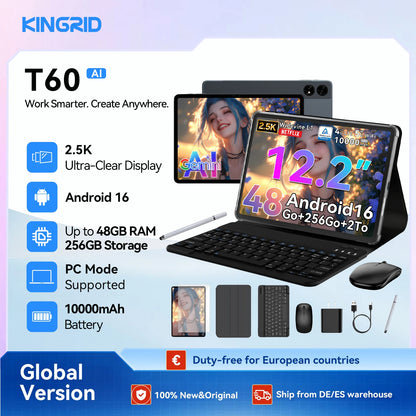 KINGRID T60 Android 16 Tablet PC with Keyboard Mouse Case, 12.2 Inch 2.5K Display, 24GB RAM 256GB ROM, Octa Core T7280 Processor, 10000mAh Battery, 4G LTE Dual SIM, PC Mode, Tablet for Work Study and Entertainment Tablet andr