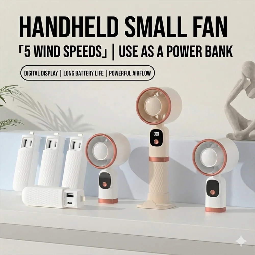 Handheld Fan 5 Speeds Mini Portable Fan with Digital Display & Power Bank Long Battery Life USB Rechargeable Personal Desk Fan