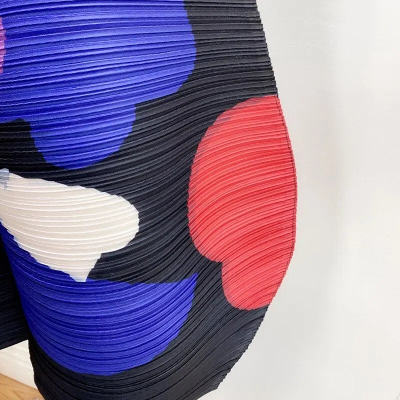 Miyake Pleated Wide Leg Pants Woman Multicolor Print Elastic High Waist Loose Plus Size 2022 New Autumn Women Clothing