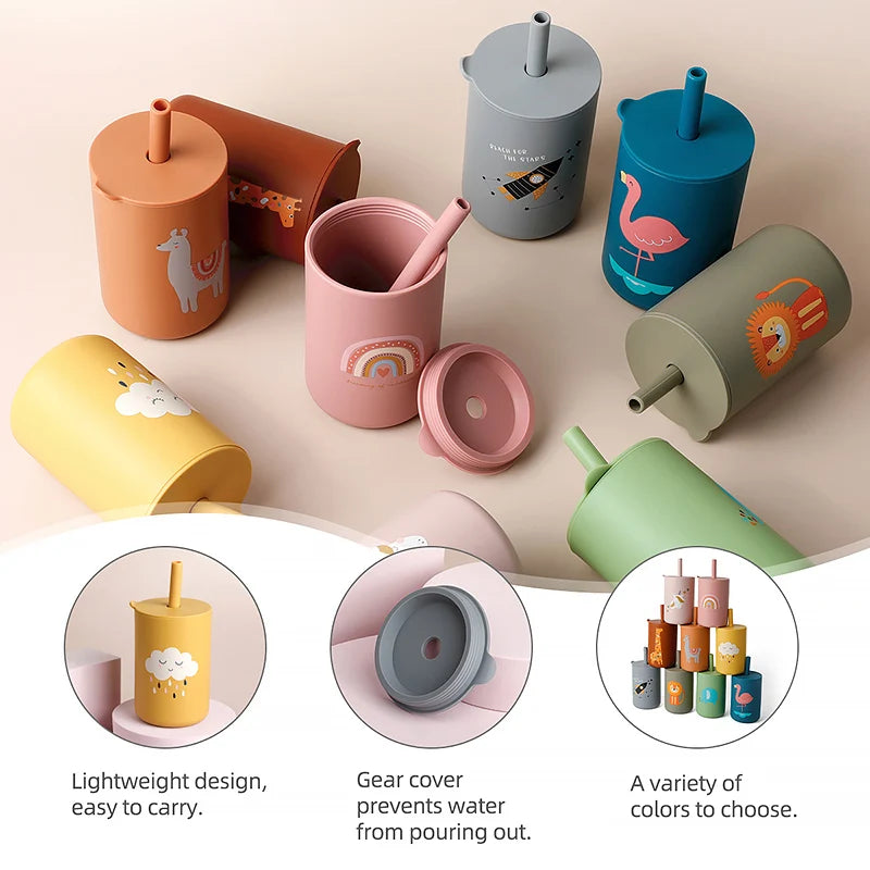 Baby Feeding Straw Cup Baby Cartoon Learning Feeding Cup Food Grade Silicone Toddler Water Bottle Tableware BPA Free Baby Gifts
