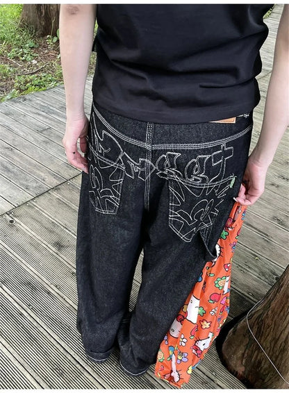 Y2k Embroidered Black Wide Leg Jeans Women American Retro Casual Loose Denim Pants Streetwear 2025 New High Waist Baggy Trousers