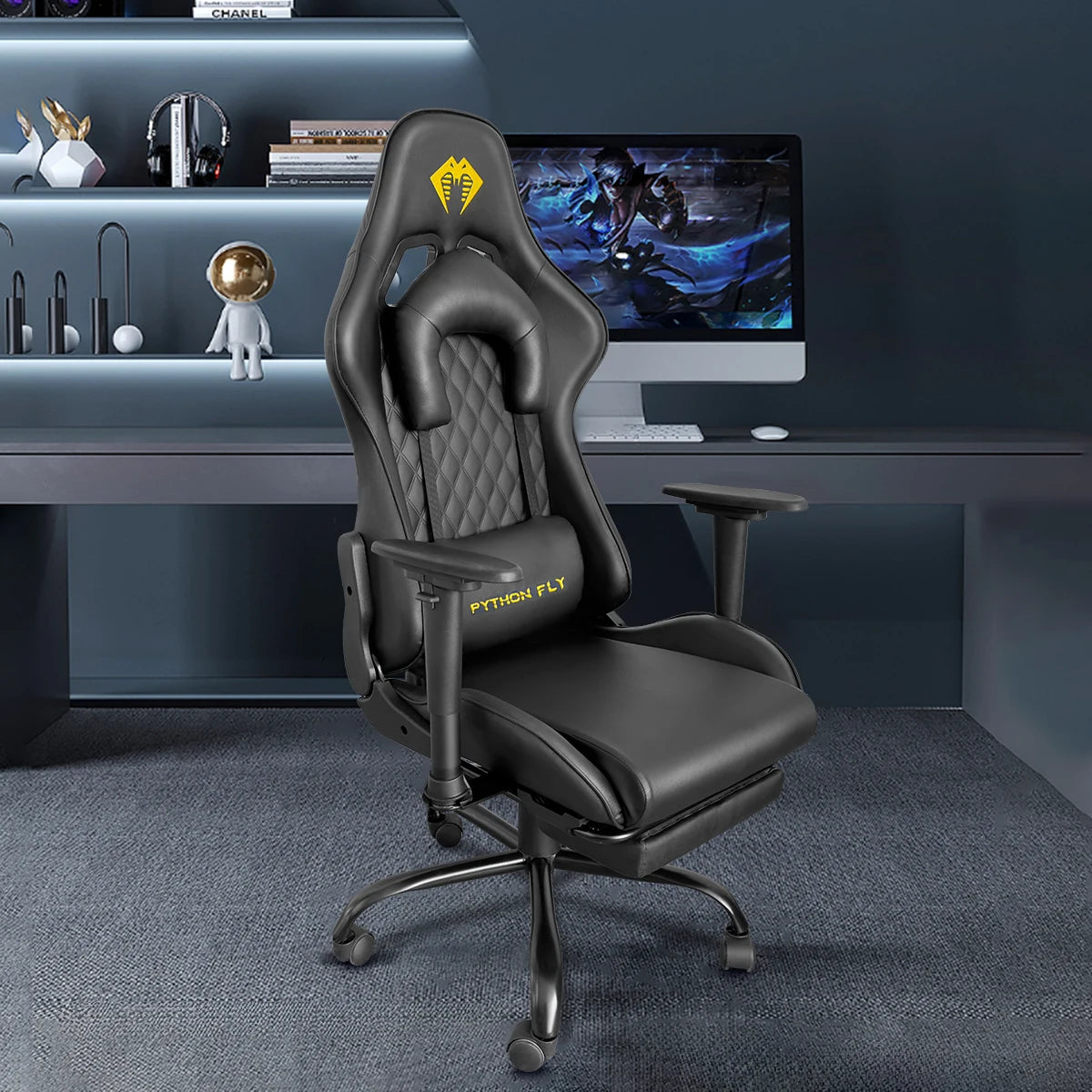 High-end Gaming Chair, Ergonomic, Height-adjustable, Flat, Foot-rest Chair (Black)