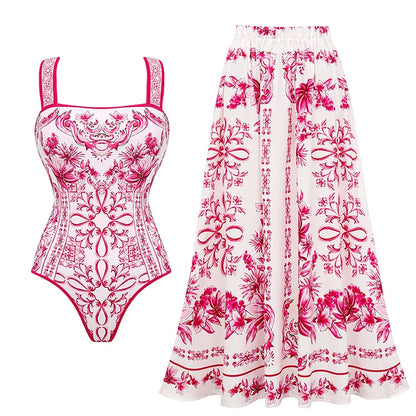 Flaxmaker Summer New Women Sexy Hawaiian Lace Up V Neck Ruffle Swimsuit and Sarong Women Swimwear Set Push Up Bathing Suit