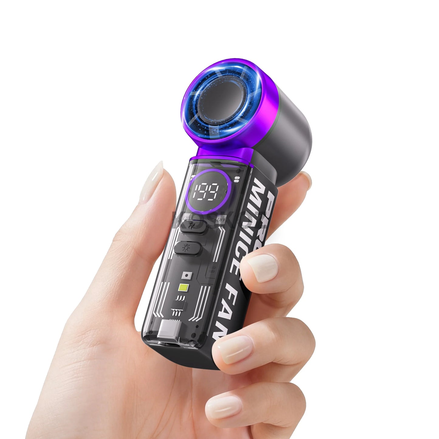 Portable Handheld Mini Fan, 5 Speeds, with LED Display, Flashlight, USB Rechargeable, Mini Fan with Lanyard for Makeup, Travel