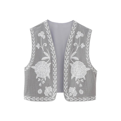Women's Vintage Floral Embroidered Open Waist Coat Casual Vacation Crop Top National Style Vest Jacket for Ladies