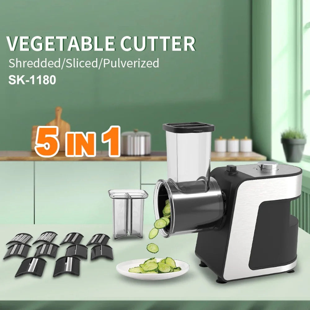 500W 5-in-1 Kitchen Electric Vegetable Chopper – Stainless Steel Slicer, Shredder/Grater for Cheese, Carrots, Potatoes, 220V