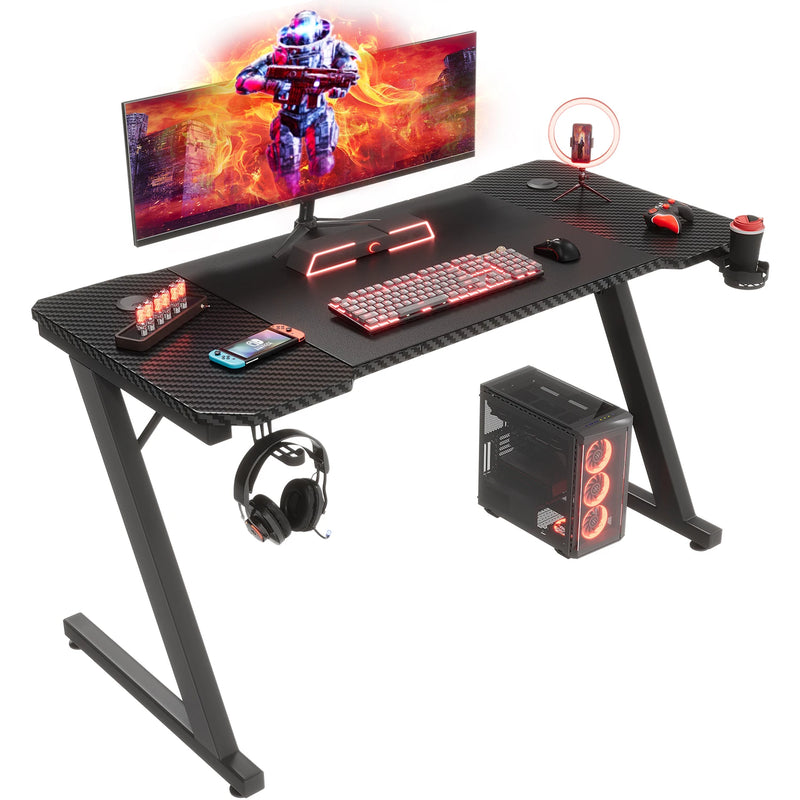 Devoko Gaming Table 120x60 cm Gaming desk PC table with headphones hook and carbon fiber coating
