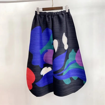 Miyake Pleated Wide Leg Pants Woman Multicolor Print Elastic High Waist Loose Plus Size 2022 New Autumn Women Clothing