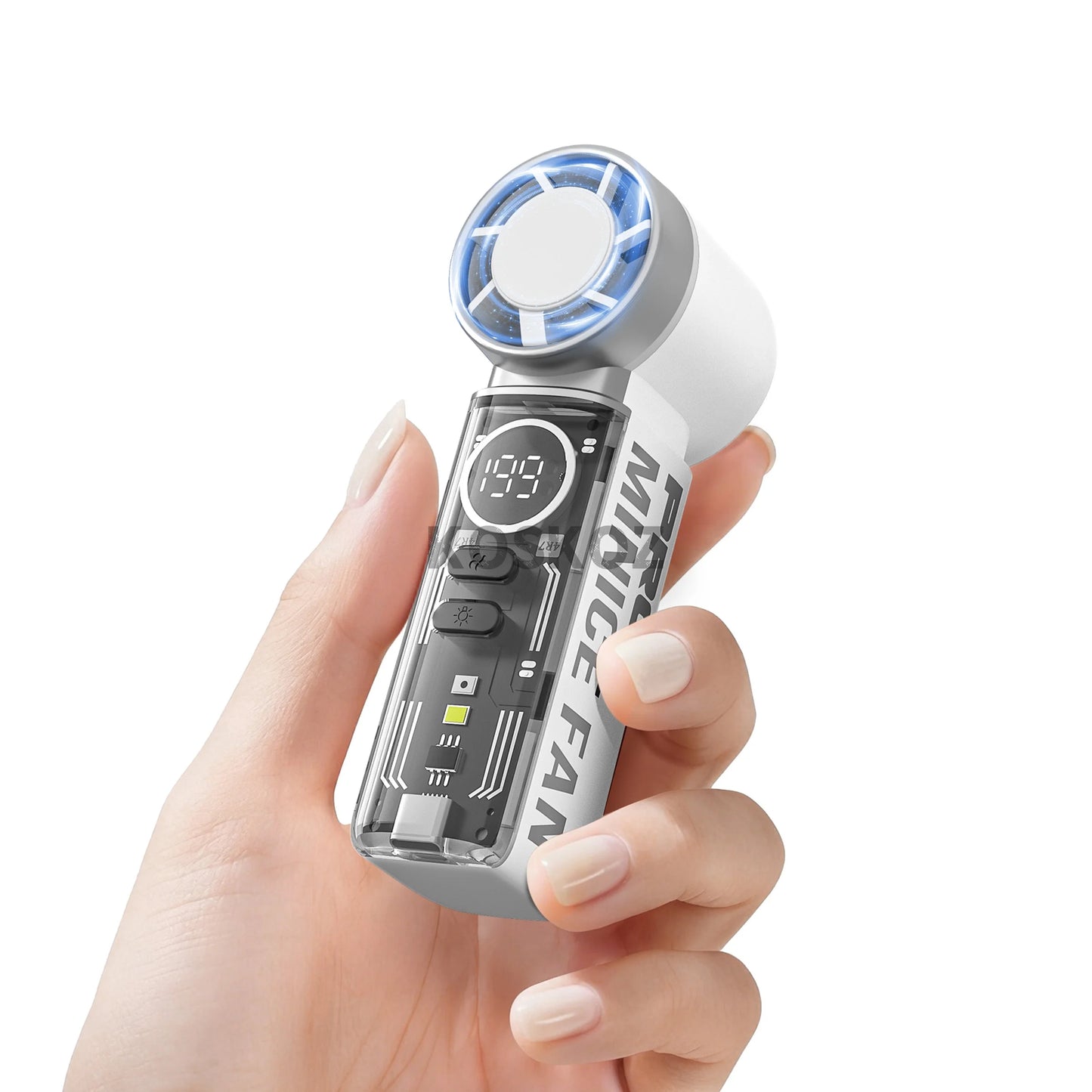 Portable Handheld Mini Fan, 5 Speeds, with LED Display, Flashlight, USB Rechargeable, Mini Fan with Lanyard for Makeup, Travel
