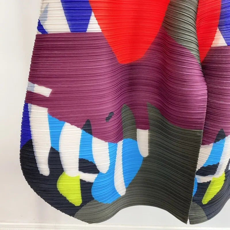 Miyake Pleated Wide Leg Pants Woman Multicolor Print Elastic High Waist Loose Plus Size 2022 New Autumn Women Clothing