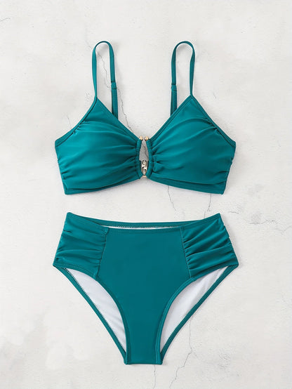 Summer European & American Gold-Accent Cutout | Women's Bikini Set, Sleek Luxury Style, Summer Beach Gala Outfit