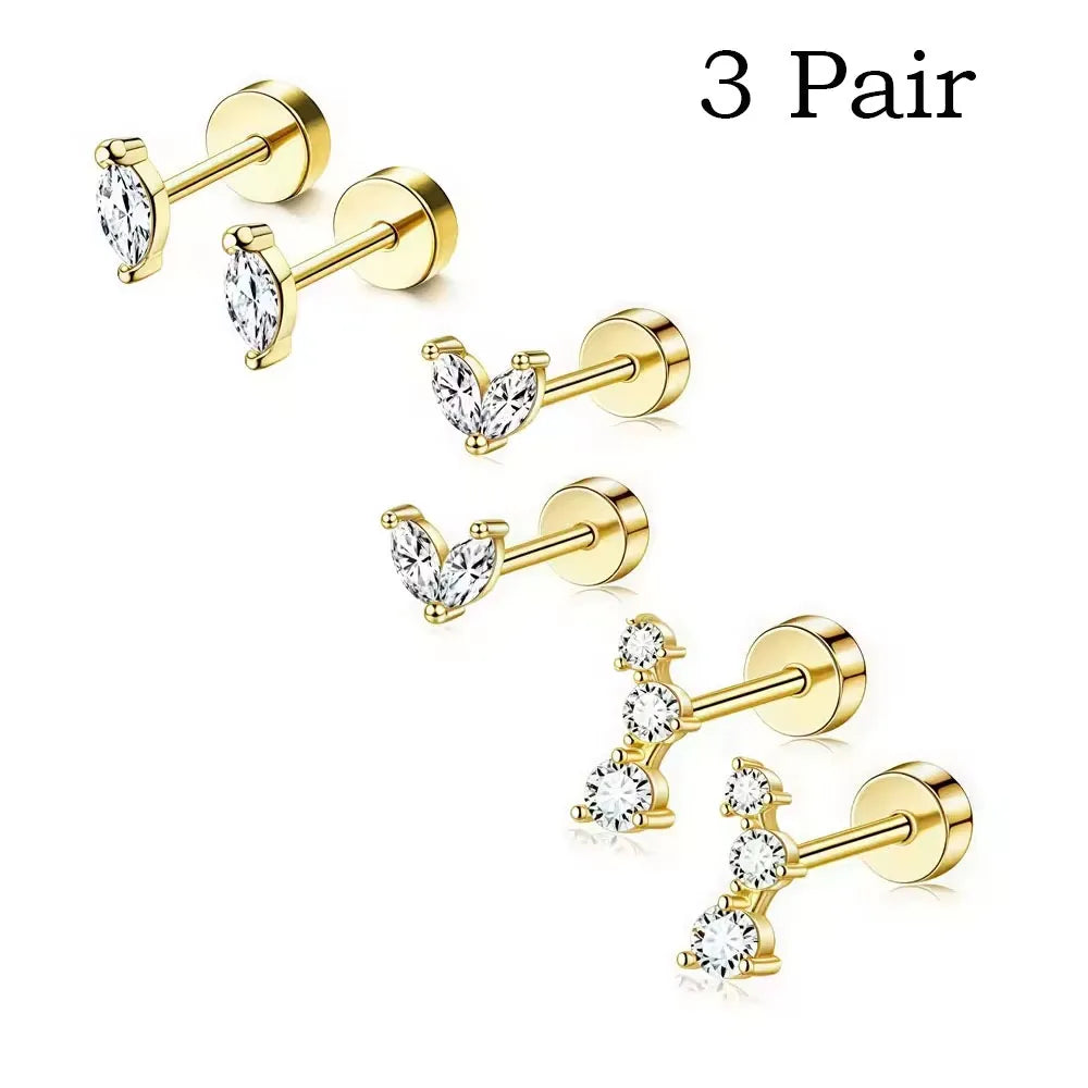 6/2Pcs Hypoallergenic Tiny 20G Stainless Steel Stud Earring for Women, Dainty CZ Cartilage Conch Helix Ear Piercing Jewelry Gift