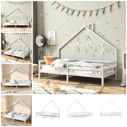 Anajqaqia 90x200 cm Single Bed, Children's Bed with Safety Rails and Slatted Frame, House Bed Design, Pine, White
