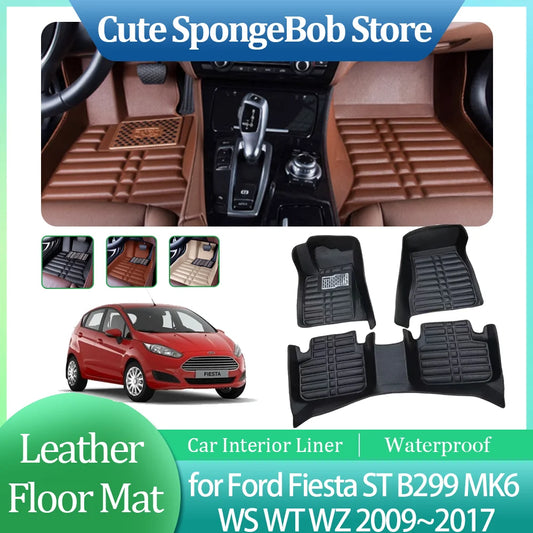 Car Leather Floor Mat for Ford Fiesta ST B299 MK6 WS WT WZ 2009~2017 Anti-dirty Foot Liner Waterproof Carpet Custom Accessories