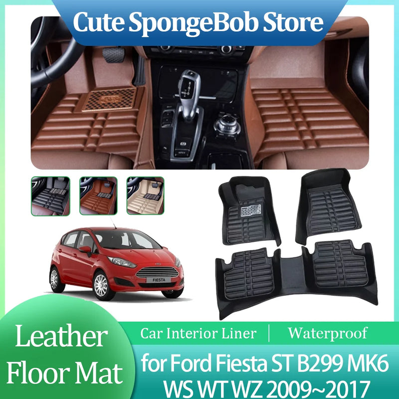 Car Leather Floor Mat for Ford Fiesta ST B299 MK6 WS WT WZ 2009~2017 Anti-dirty Foot Liner Waterproof Carpet Custom Accessories