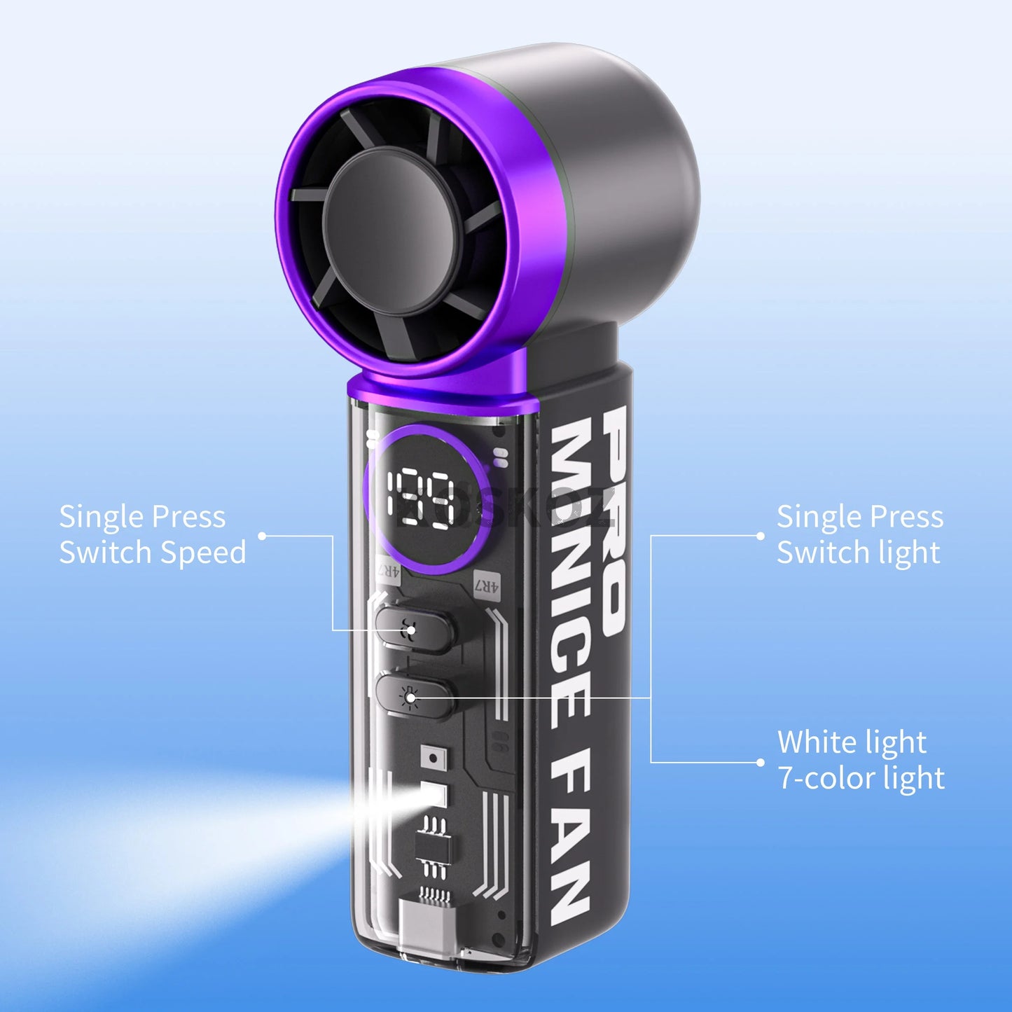 Portable Handheld Mini Fan, 5 Speeds, with LED Display, Flashlight, USB Rechargeable, Mini Fan with Lanyard for Makeup, Travel