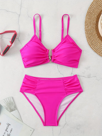 Summer European & American Gold-Accent Cutout | Women's Bikini Set, Sleek Luxury Style, Summer Beach Gala Outfit