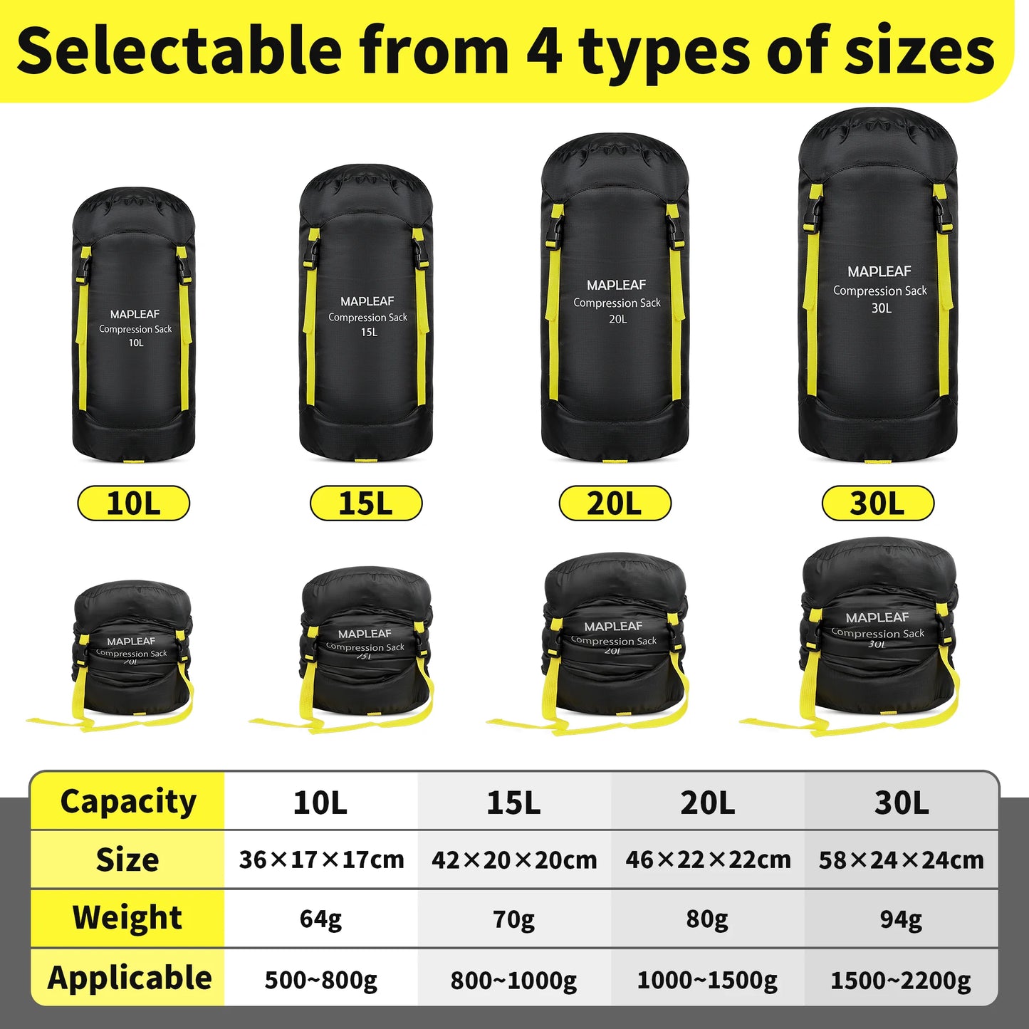 MAPLEAF Sleeping Bag Compression Sack Water Resistant Storage Bag Compression Bags Outdoor Backpacking Compression Stuff Sack