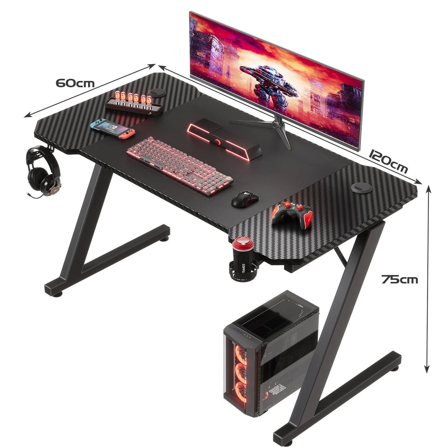 Devoko Gaming Table 120x60 cm Gaming desk PC table with headphones hook and carbon fiber coating