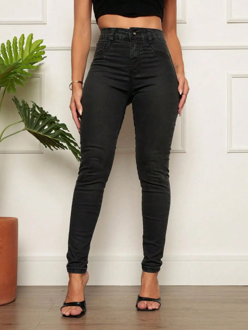 Calça Jeans Skinny Feminina Preta Cintura Alta