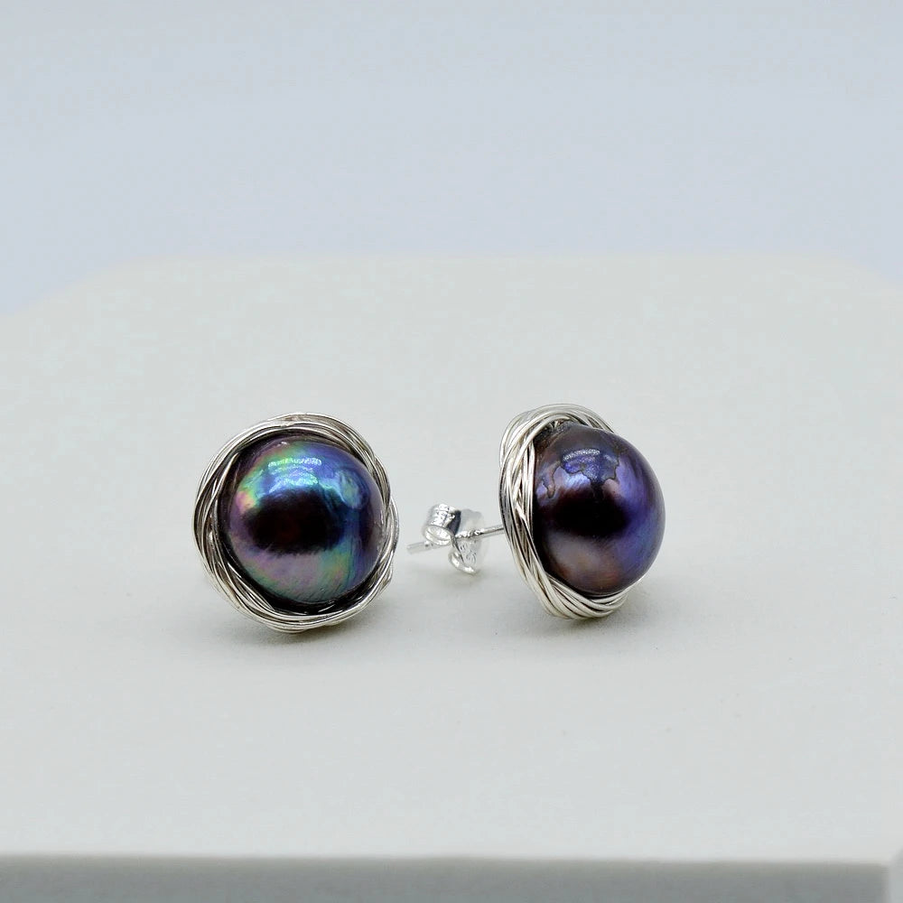 Black Pearl Stud Earrings Natural Pearl Silver Stud Earrings Irregular Baroque Stud Earrings Handmade Women's Stud Earrings