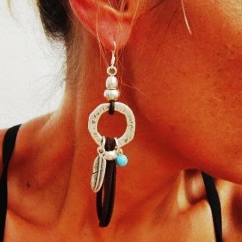 turquoise earrings jewelry dangle earrings boho earrings ethnic earrings leather Earrings big leather Earrings
