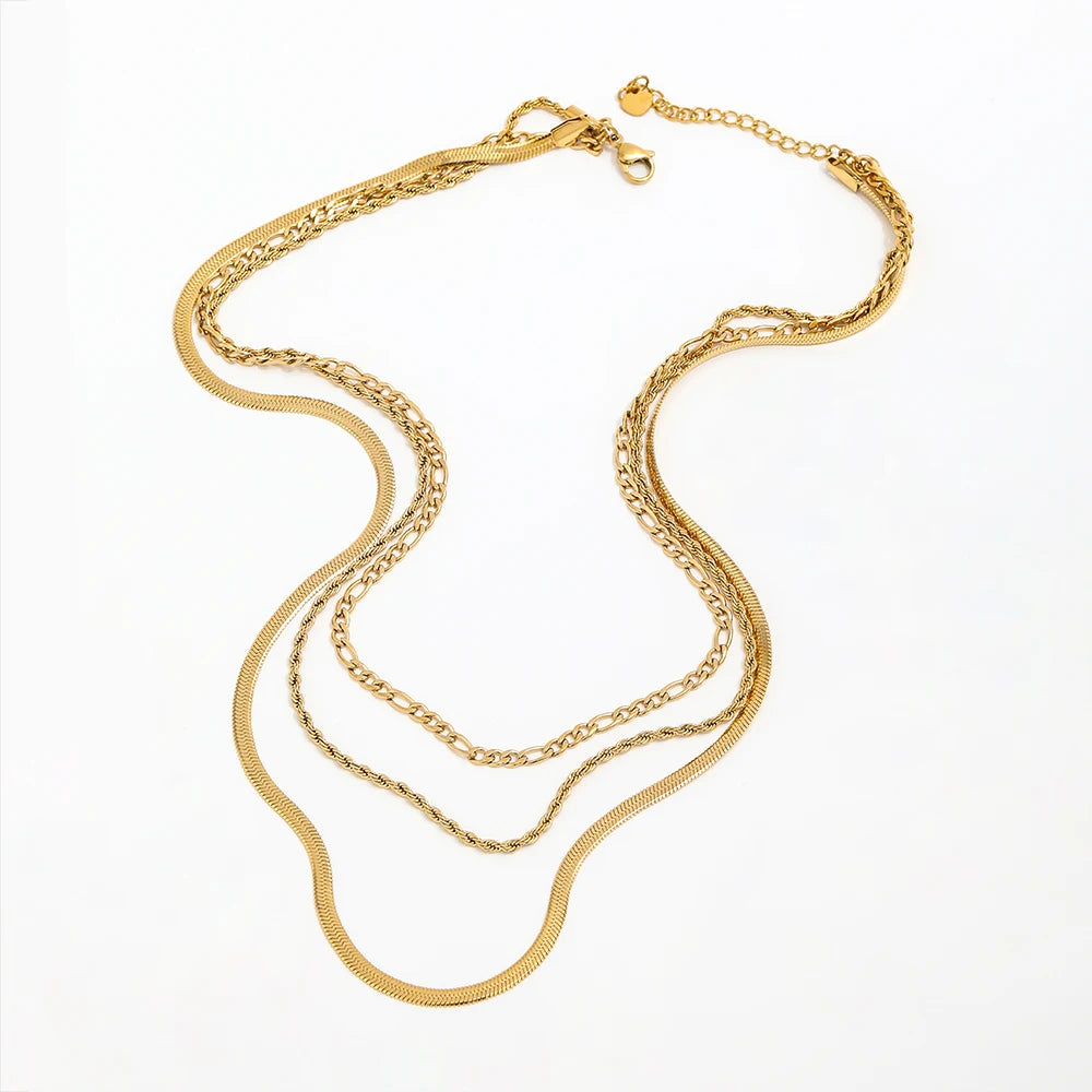 Joolim Jewelry Gold Plated Figaro Chain Rope Chain Snake Chain Three Layer Necklace Stainless Steel Jewelry Wholesale