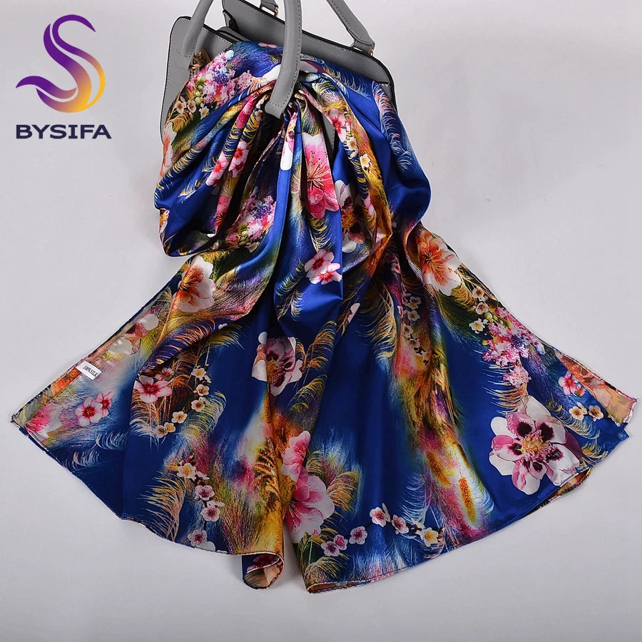 [BYSIFA]  Green Blue Ladies Satin Long Silk Scarf Shawl New Fashion Brand Scarves Printed Spring Fall Female Head Scarf 160*70cm