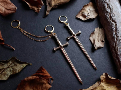 A Pair of Earrings Chain Sword Earrings - Cuff Earrings - Gothic Earrings - Handmade Unique Earrings