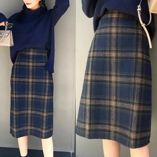 Korean Fashion Casual Women Autumn Winter Vintage Blue/Gray Plaid High Waist Warm Faux Woolen A-line Skirt  S-2XL