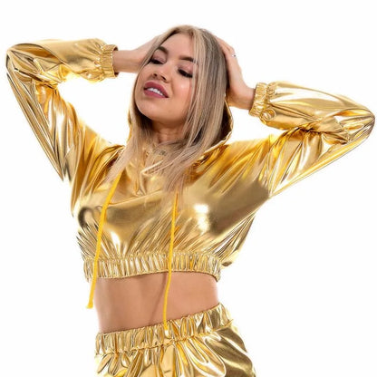 Sexy Cropped Holographic Hoodies Women Shiny PU Metallic Hoody Long Sleeve Short Sweatshirt with Drawstring Pullovers Streetwear