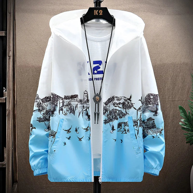 Women Basic Jackets Summer 2024 Print Colorful Oversize Print Thin Windbreaker Women Hooded Jacket Coat Zipper Woman Veste Femme