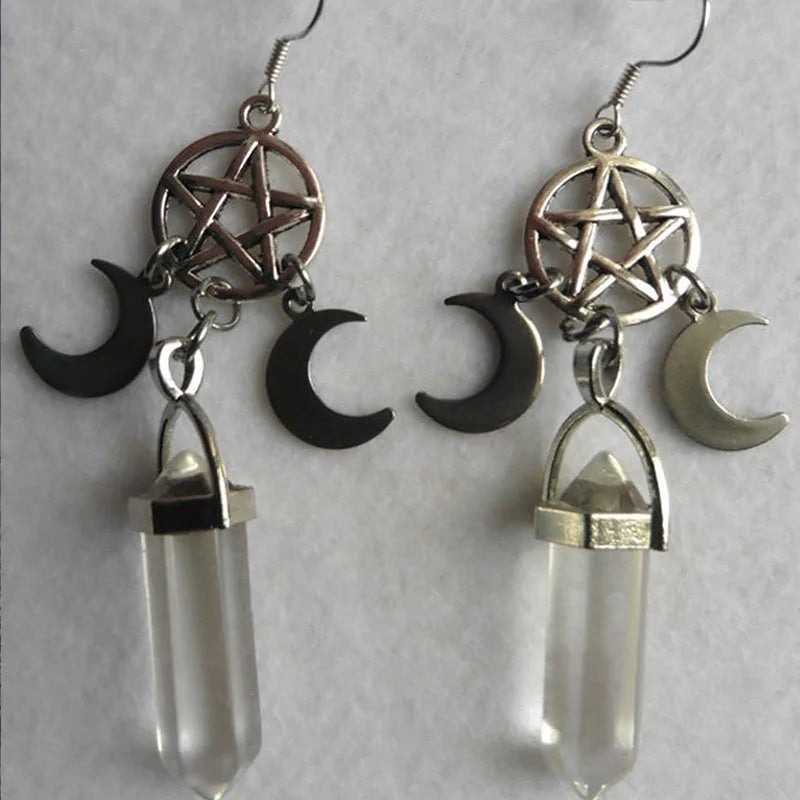Pagan Moon Earrings,Moon Goddess Earrings,witch earrings, winter solstice, pentagram earrings,Celestial earrings