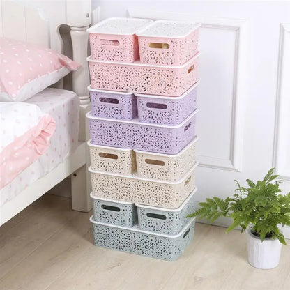 Storage Plastic Basket Baskets Box Bins Stackable Kitchen Hollow Organizer Drawer Out Shelf Desktop Lid Adjustable Coloured